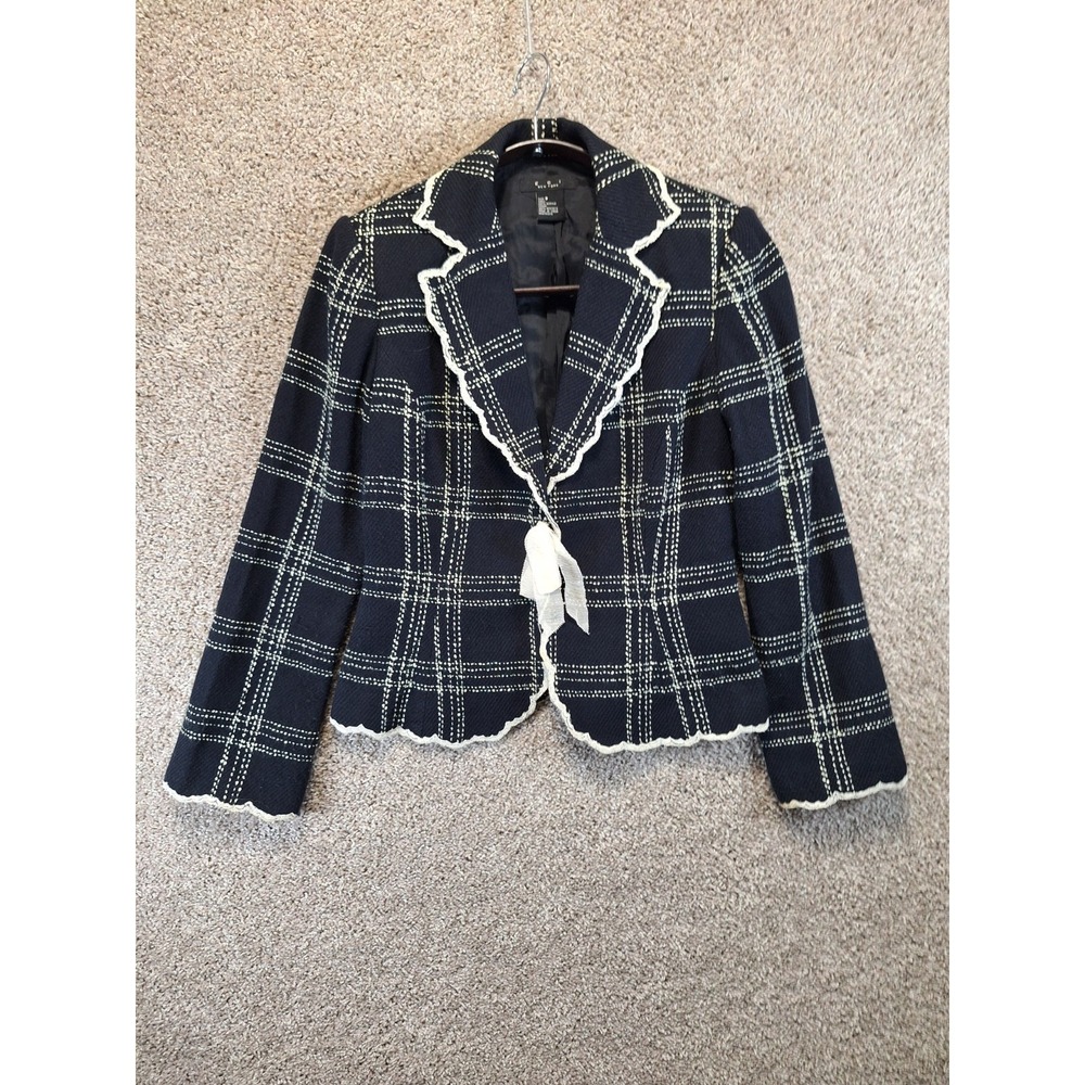 ECI New York Blazer Jacket Womens 8 Black White Lined Plaid Tweed Scalloped Trim